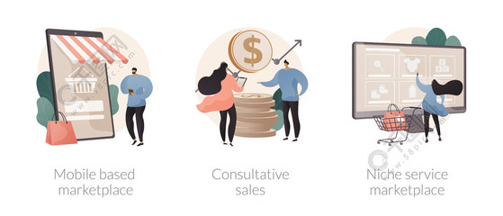 電子商務應用程序抽象概念矢量插圖集?；谝苿拥氖袌觥⒆稍冧N售、利基服務在線零售、使用智能手機抽象隱喻買賣產品。電子商務應用程序抽象概念矢量插圖。